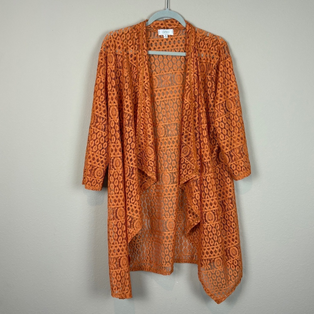 Shannon Ford New York Orange Lace 3/4 Sleeve Hi Low Cover Up Duster Kimono